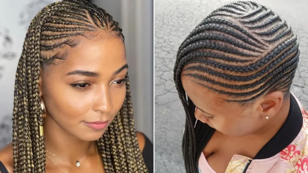 Intricate braided hairstyle with multiple braid patterns, ideal for a versatile and elegant look.