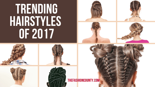 Collage of trending hairstyles of 2017, including textured waves, bold bangs, braided styles, and sleek bobs.