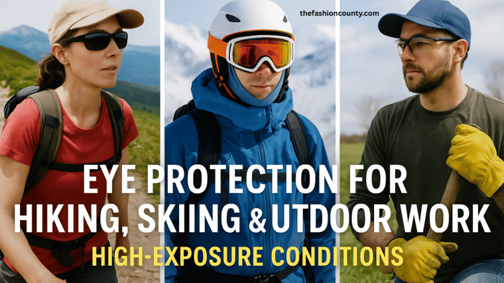 People wearing protective eyewear while hiking, skiing, and working outdoors in high-exposure conditions