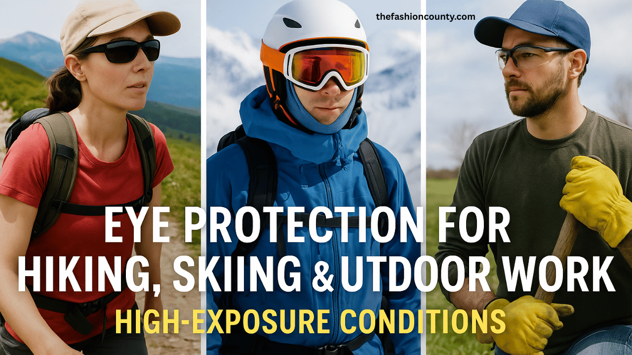 People wearing protective eyewear while hiking, skiing, and working outdoors in high-exposure conditions