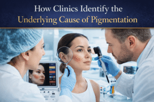Dermatologist examining facial skin to identify the underlying cause of pigmentation