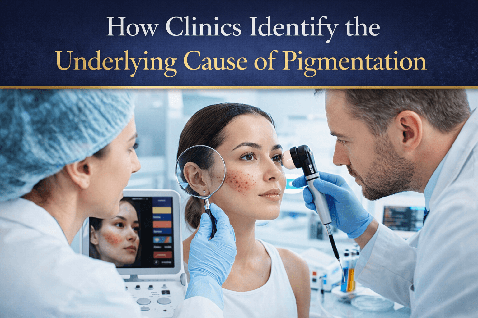 Dermatologist examining facial skin to identify the underlying cause of pigmentation