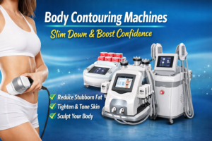 Woman using body contouring machine for fat reduction and skin tightening with modern body sculpting devices display.