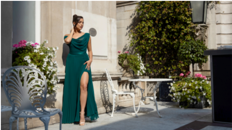 A collage of seasonal wedding guest dresses featuring a floral summer maxi and a long-sleeve velvet winter gown.