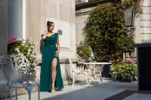A collage of seasonal wedding guest dresses featuring a floral summer maxi and a long-sleeve velvet winter gown.