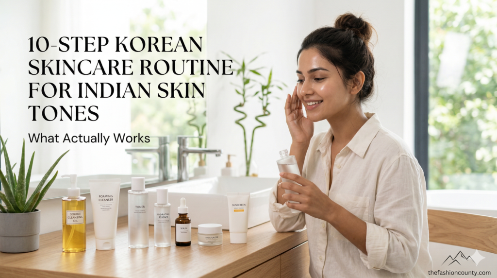 A smiling Indian woman with glowing skin applying a hydrating essence in a bright, modern bathroom, demonstrating a customized 10-step Korean skincare routine for Indian skin tones, featuring a lineup of minimalist K-Beauty products and thefashioncounty.com branding.
