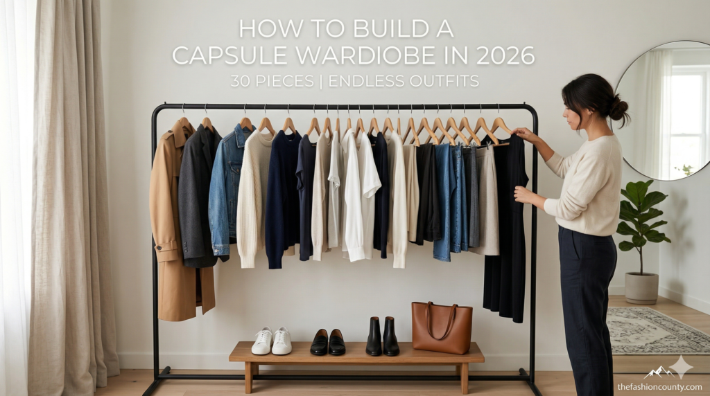 A woman reviews a curated 30-piece minimalist capsule wardrobe on a garment rack in a modern bathroom, featuring timeless neutral clothing, shoes, and a tote bag with thefashioncounty.com branding.