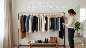 A woman reviews a curated 30-piece minimalist capsule wardrobe on a garment rack in a modern bathroom, featuring timeless neutral clothing, shoes, and a tote bag with thefashioncounty.com branding.