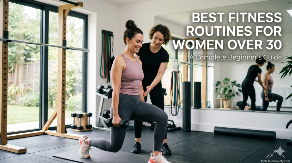 A woman in her 30s performs a dynamic lunge with dumbbells, assisted by a personal trainer in a light-filled modern gym. The text overlay reads "BEST FITNESS ROUTINES FOR WOMEN OVER 30" and "A Complete Beginner's Guide," with the thefashioncounty.com logo visible.