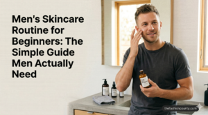 A man applying face moisturizer in a modern bathroom, illustrating a simple men's skincare routine for beginners with thefashioncounty.com branding.