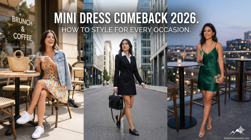 A triptych fashion feature titled "MINI DRESS COMEBACK 2026. HOW TO STYLE FOR EVERY OCCASION." each panel shows a woman in a different look: a floral mini dress at a brunch cafe, a tailored blazer mini dress with loafers in a city street, and an emerald green satin slip mini dress at a rooftop bar.