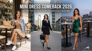 A triptych fashion feature titled "MINI DRESS COMEBACK 2026. HOW TO STYLE FOR EVERY OCCASION." each panel shows a woman in a different look: a floral mini dress at a brunch cafe, a tailored blazer mini dress with loafers in a city street, and an emerald green satin slip mini dress at a rooftop bar.