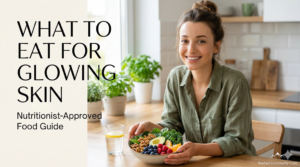 A smiling woman in a bright kitchen holding a nutritious bowl of antioxidant-rich foods like berries, avocado, and leafy greens, illustrating what to eat for glowing skin, featuring thefashioncounty.com branding.