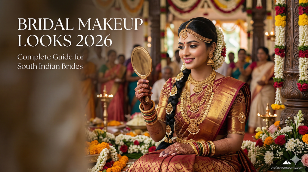 A stunning South Indian bride admiring her flawless makeup in a hand mirror, wearing a traditional maroon Kanjeevaram silk saree, heavy gold temple jewelry, and a jasmine floral braid, featuring thefashioncounty.com branding.