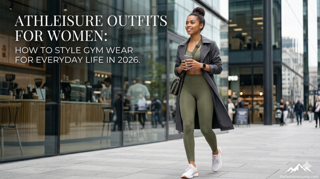 A stylish woman wearing an olive technical athleisure outfit with a chic technical trench coat, technical sneakers, and a smartwatch, walking through a modern city while holding a coffee cup, illustrating how to style gym wear for everyday life in 2026 with thefashioncounty.com branding.