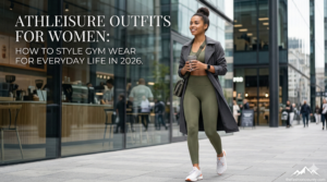 A stylish woman wearing an olive technical athleisure outfit with a chic technical trench coat, technical sneakers, and a smartwatch, walking through a modern city while holding a coffee cup, illustrating how to style gym wear for everyday life in 2026 with thefashioncounty.com branding.