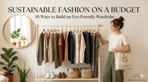 A smiling woman organizing a curated clothing rack of earth-toned, eco-friendly garments while holding a reusable canvas tote bag, illustrating sustainable fashion on a budget with thefashioncounty.com branding.