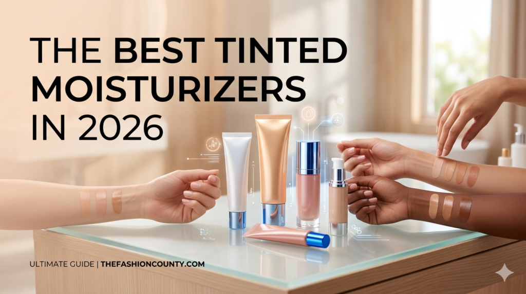Hands of different skin tones swatching tinted moisturizers next to luxury cosmetic bottles for 2026 beauty guide.