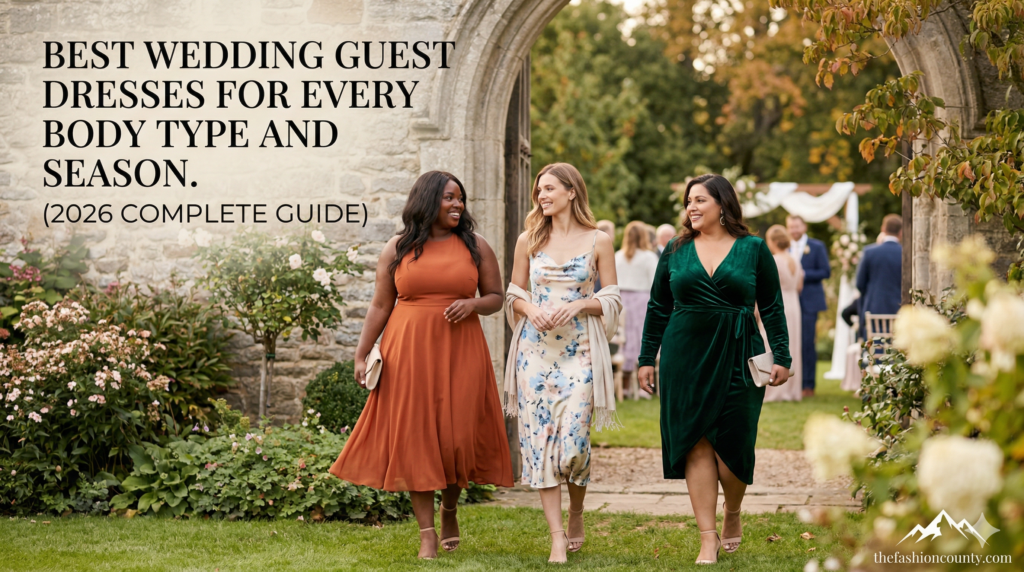 Three women of diverse body types smiling together at a venue, wearing elegant wedding guest dresses suitable for different seasons—a floral summer midi, an autumn rust slip dress, and a winter emerald velvet gown—featuring thefashioncounty.com branding.