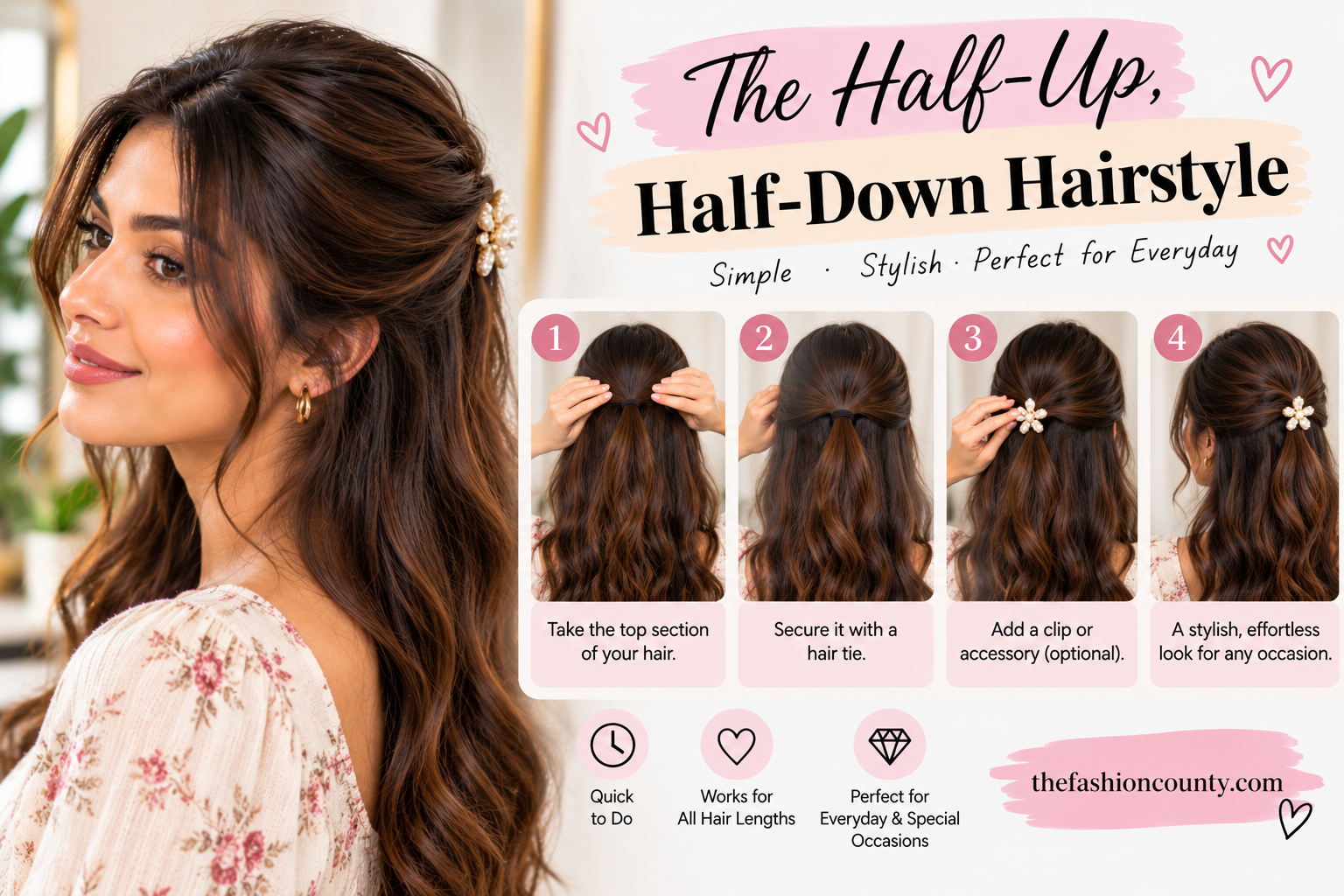 Half-up, half-down hairstyle tutorial with simple steps and a decorative hair clip
