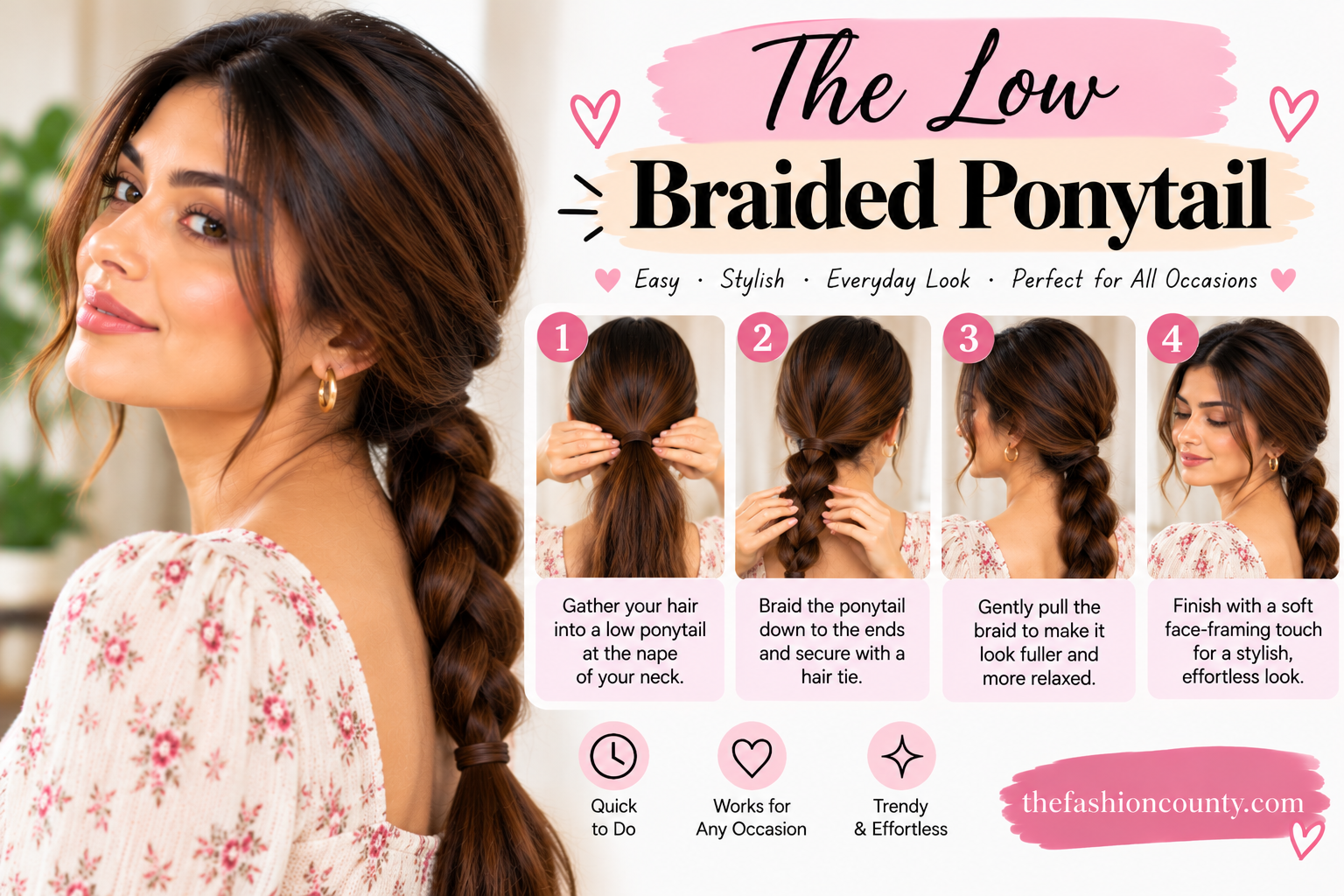 Low braided ponytail hairstyle tutorial with four easy steps for everyday styling