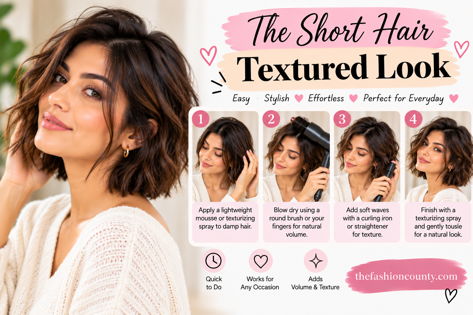 Short hair textured look tutorial with four easy steps for adding volume and soft waves