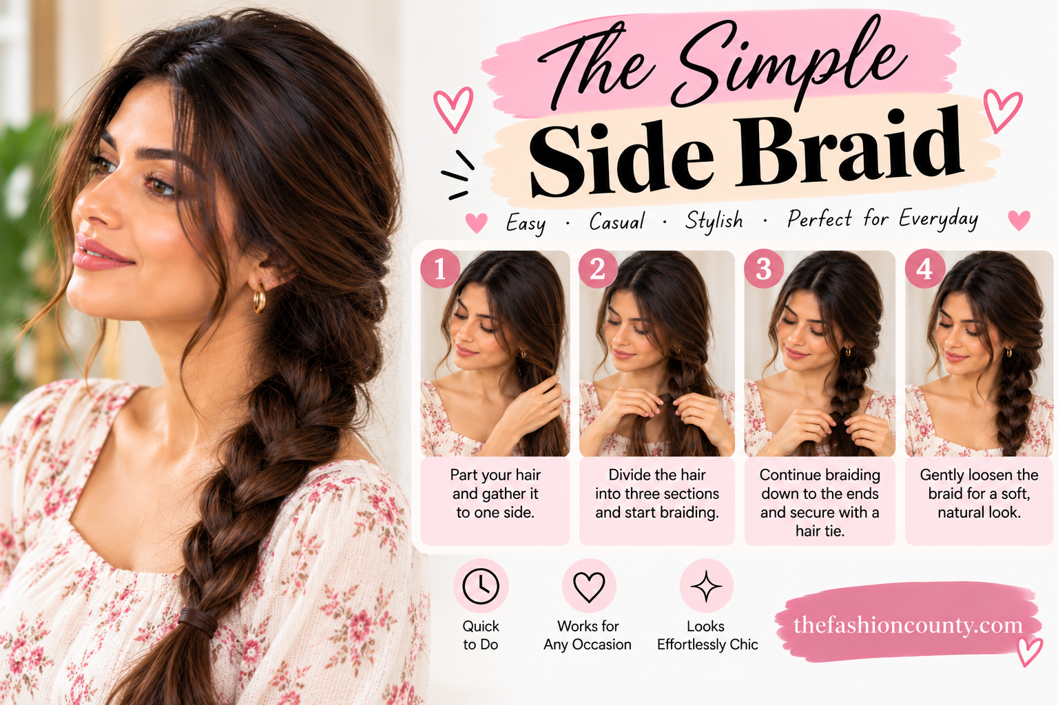 Simple side braid hairstyle tutorial with four easy steps for an effortless everyday look
