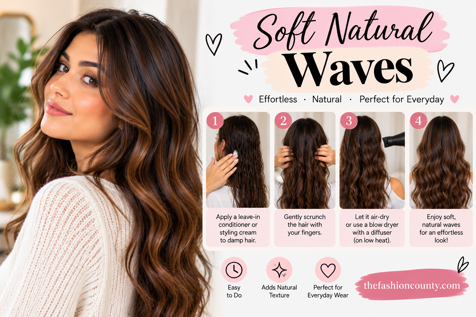 Soft natural waves hairstyle tutorial with four easy steps for everyday styling