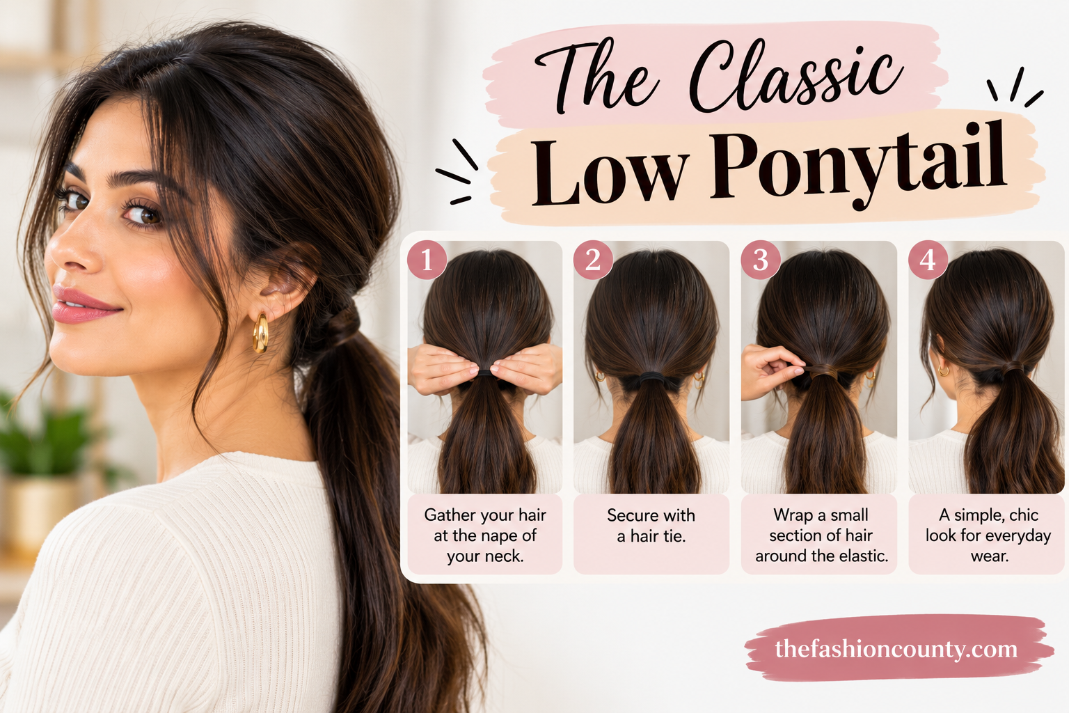 Woman wearing a classic low ponytail with a step-by-step hairstyle tutorial