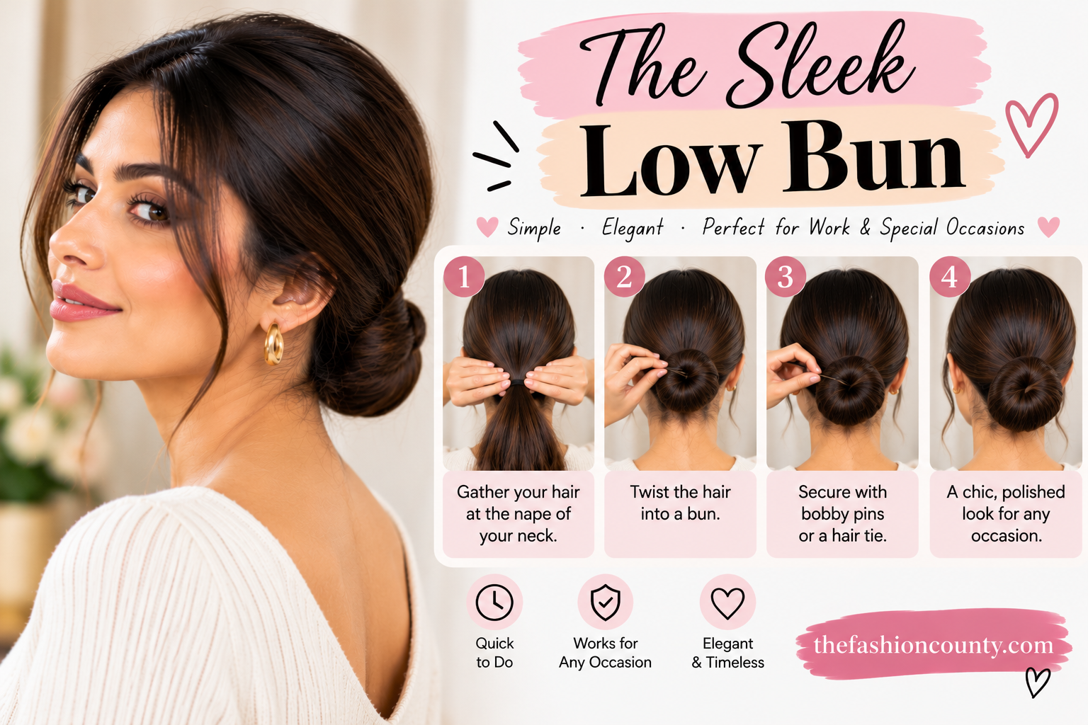 Sleek low bun hairstyle tutorial with four easy steps for an elegant everyday look